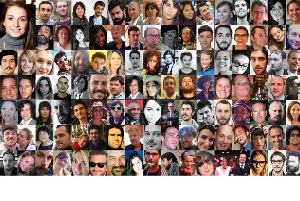 Un collage dei volti delle vittime della strage del Bataclan - Ansa
