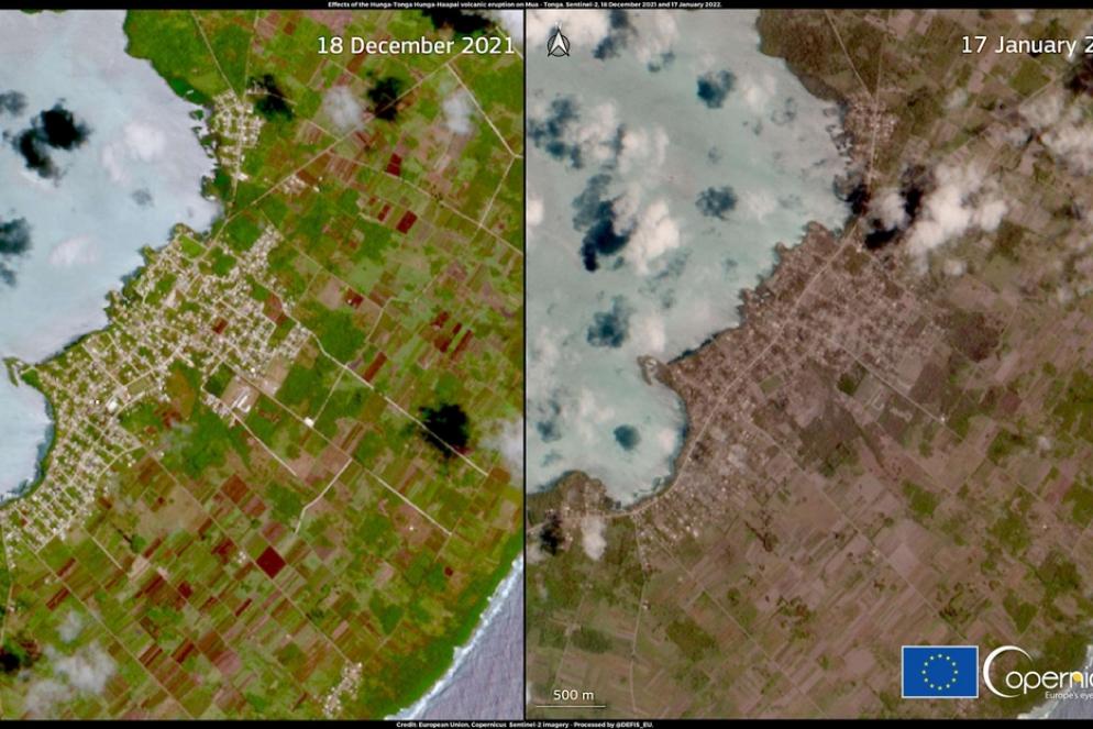 Due immagini satellitari dell'arcipelago di Tonga a confronto: prima e dopo l'eruzione vulcanica - Ansa