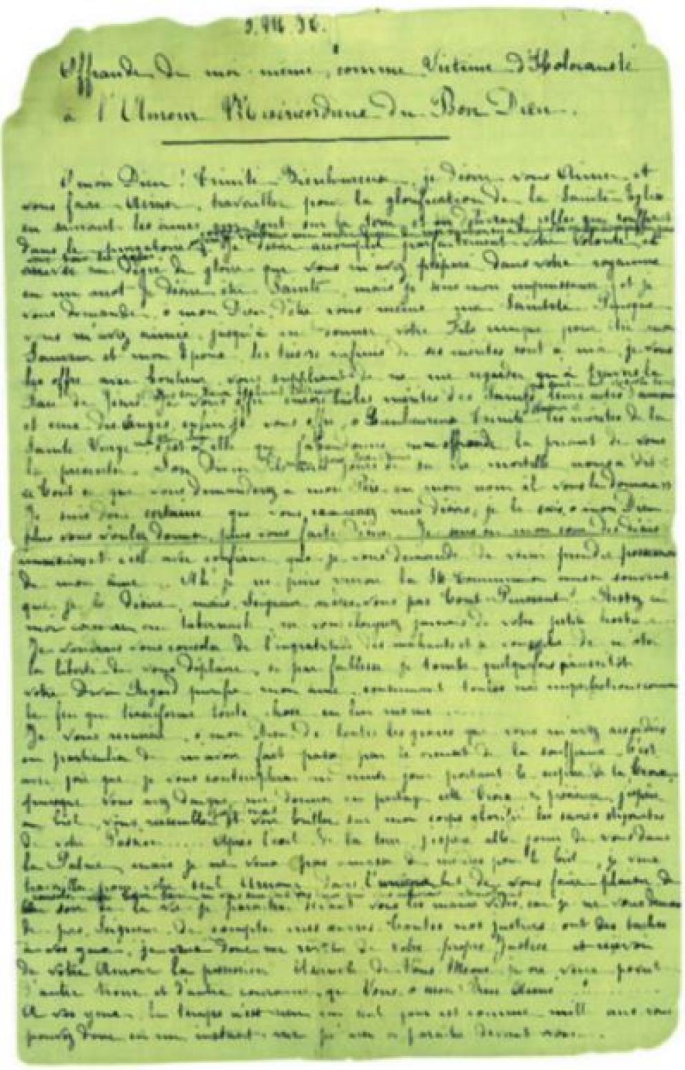 La prima pagina del manoscritto con l’Atto di offerta all’Amore Misericordiosoredatto da santa Teresa di Lisieuxil 9 giugno 1895 - -