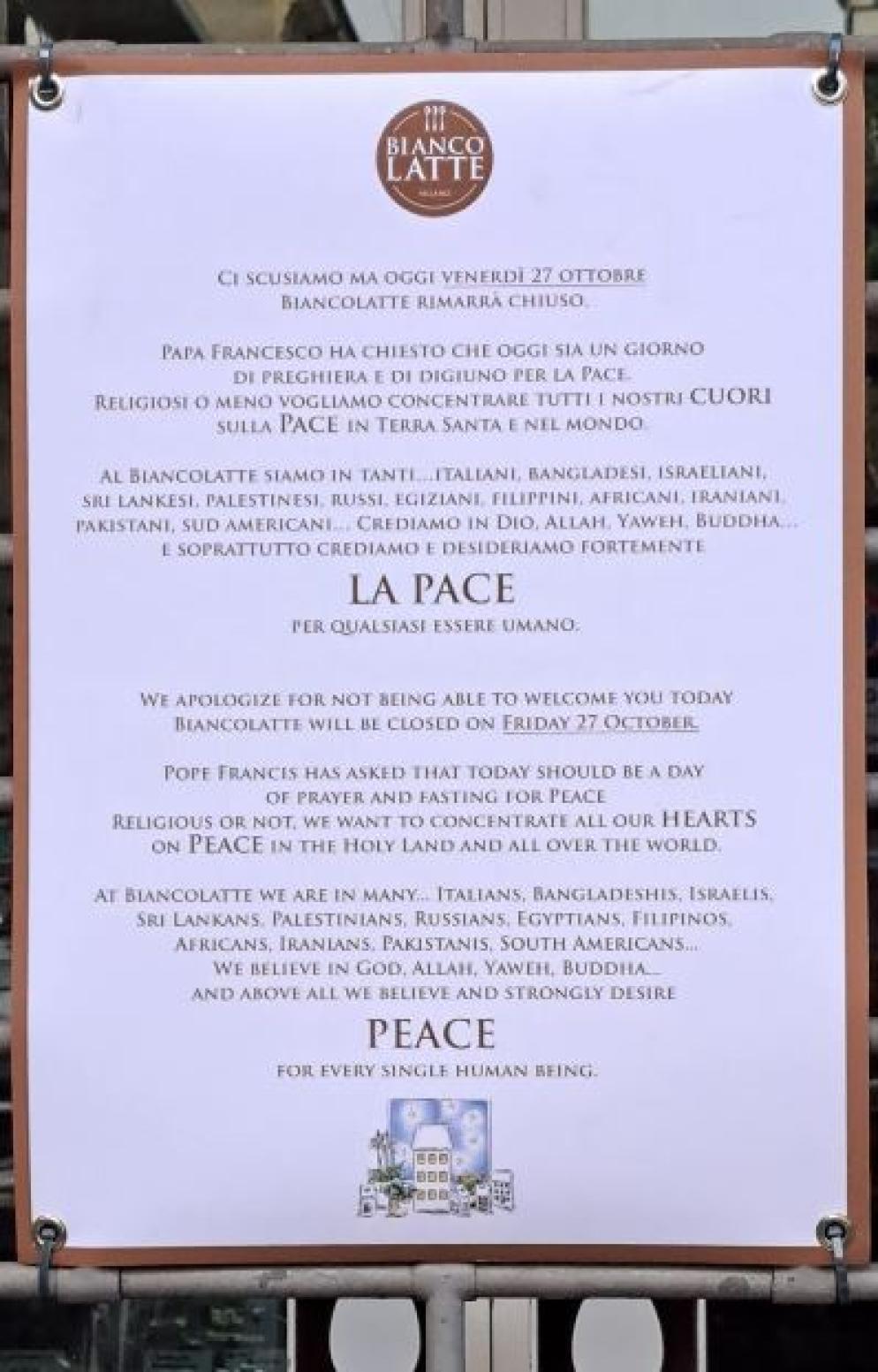 Il cartello con cui si annuncia la chiusura per l'adesione alla Giornata di preghiera e digiuno per la pace - R.M.