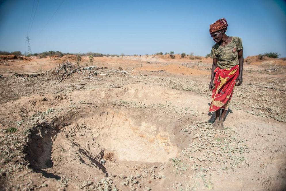 Adelaide Maphangane davanti a una pozza vuota nel distretto di Mabalane, in Mozambico (CC, Aurélie Marrier d'Unienville / IFRC) - undefined