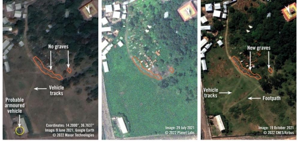 Le immagini satellitari del 9 giugno, 29 luglio e 19 ottobre 2021 a confronto: l'area della chiesa di san Giorgio a Kobo, in Etiopia. L'immagine più recente mostra alcune sepolture nuove, non presenti prima e nel luogo in cui testimoni hanno detto ad Amestu International di aver seppellitto alcuni dei civili uccisi il 9 settembre. - Amnesti International