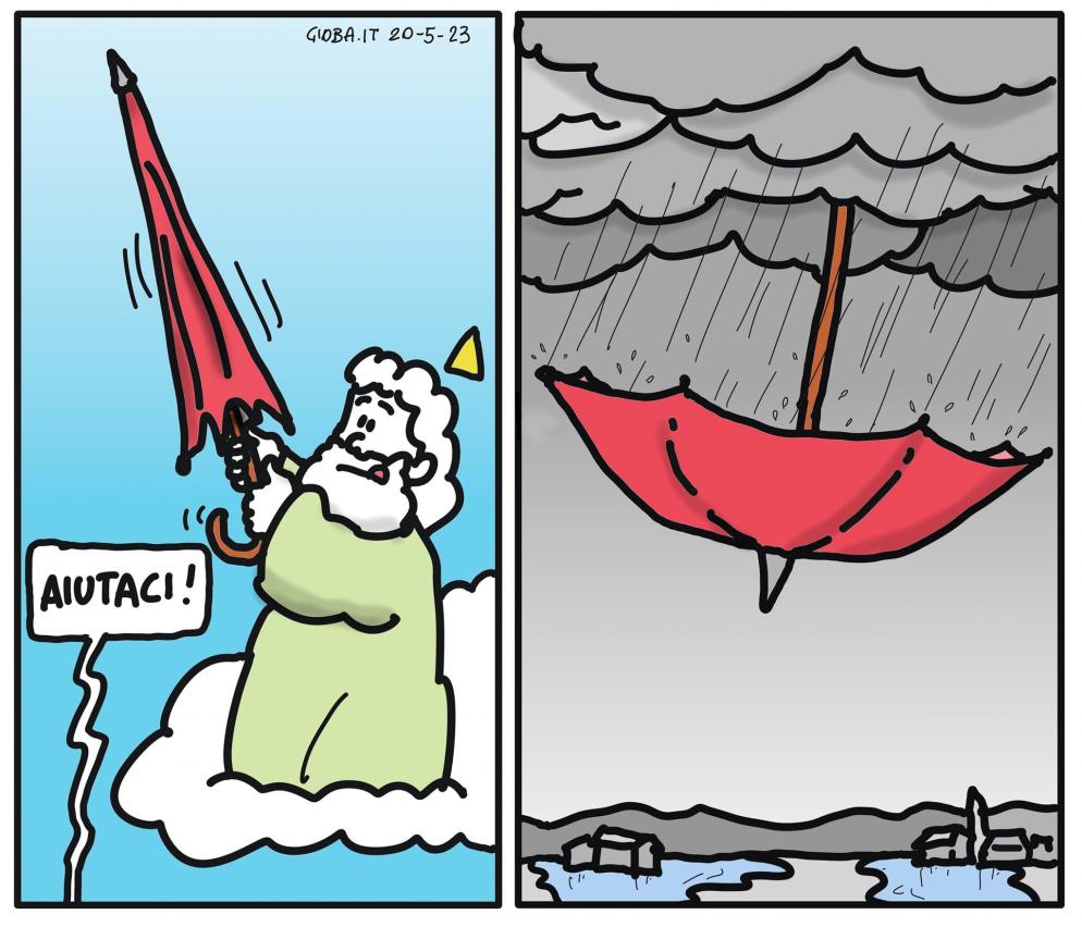 sotto alla vignetta dell’ombrello il testo dice: «...le mani che spalano il fango sono una preghiera così come quelle che si alzano al cielo per chi è colpito dal disastro… e anche Dio non rimarrà certo con le mani in mano...». - https://www.facebook.com/giovanni.berti
