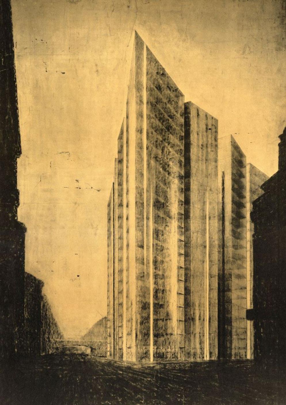 Le torri vetrate disegnate da Ludwig Mies van der Rohe per la Friedrichstrasse a Berlino nel 1921 - WikiCommons