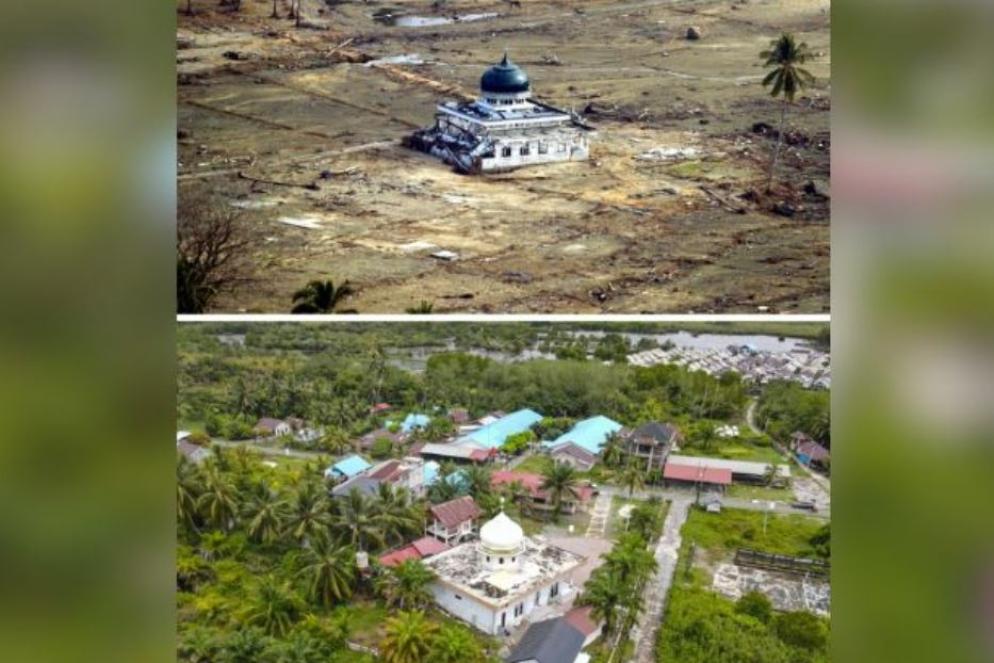 Vent’anni dopo restano pochi segni visibili del passaggio dell’onda di tsumani sulla moschea di Kuala Bubon nella provincia indonesiana di Aceh - Ansa