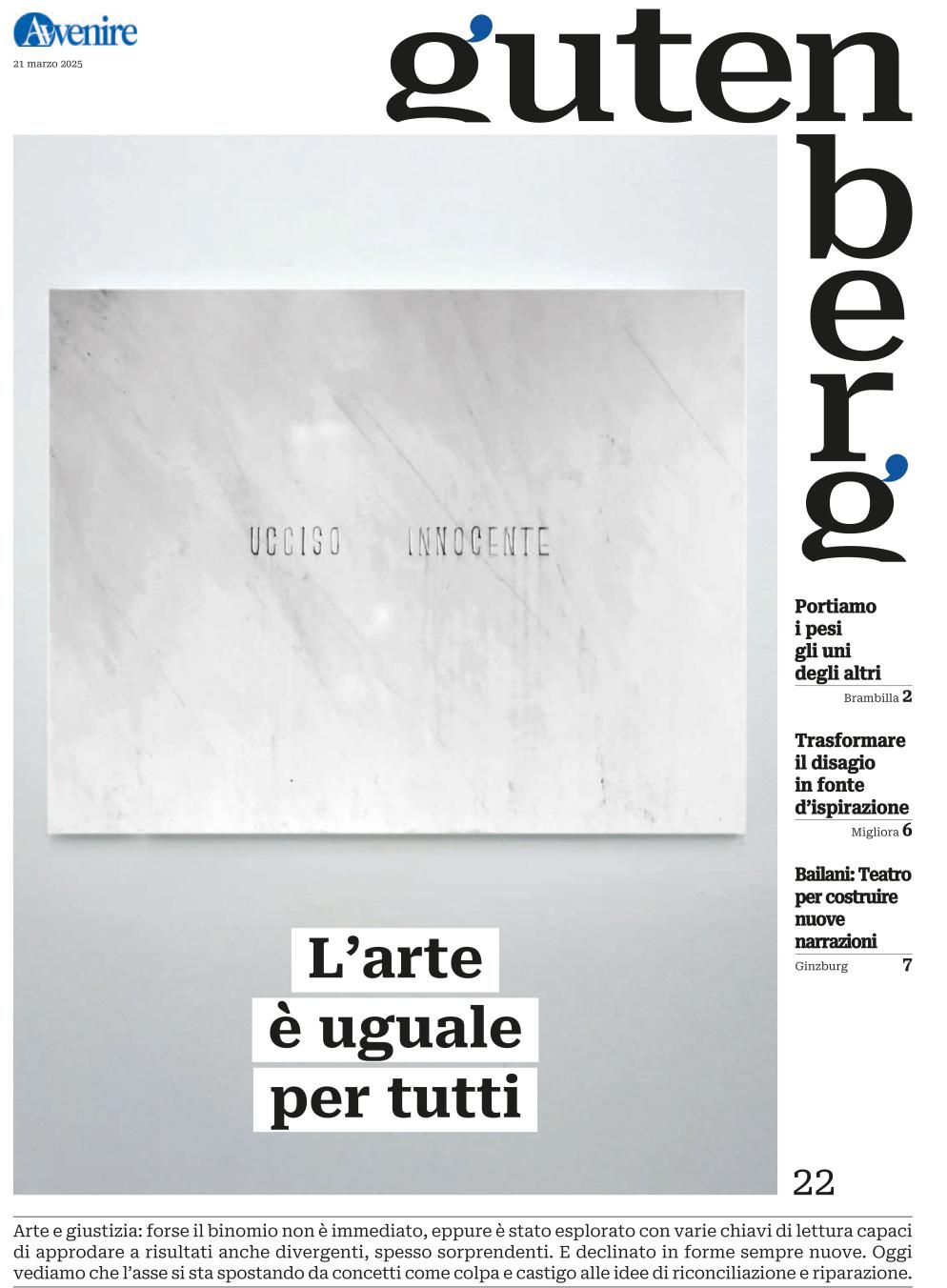 La copertina di "Gutenberg" n. 22, 21 marzo 2025 - -