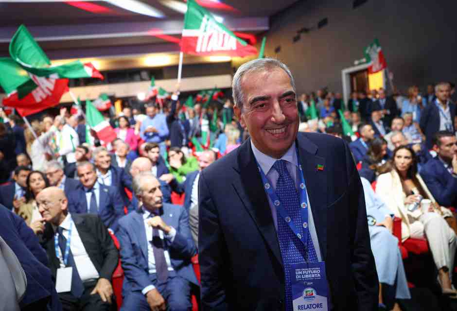 Gasparri durante il Berlusconi Day a Paestum nel 2023 (foto Alessandro Garofalo/LaPresse)&nbsp;<br />
