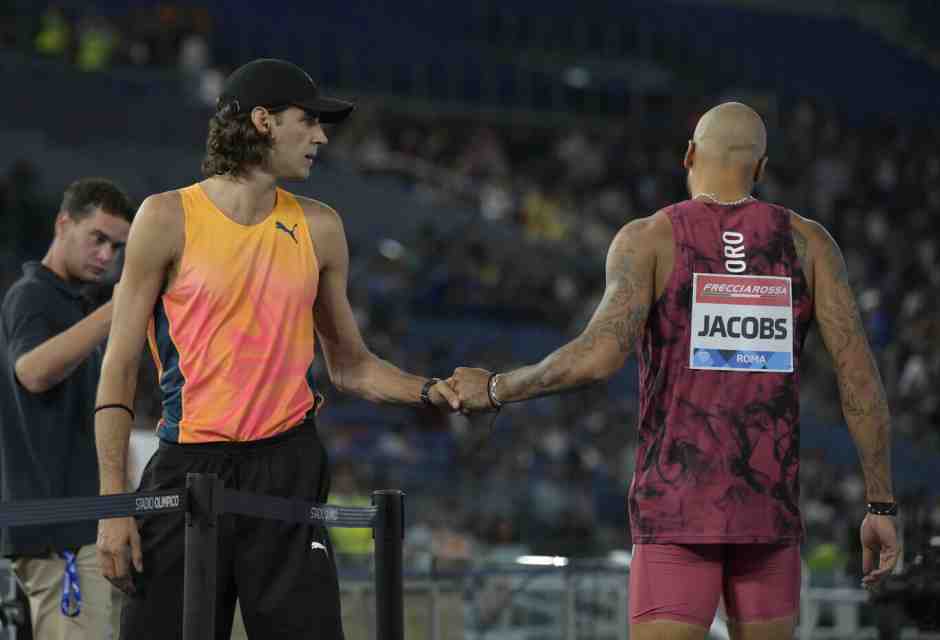 Gianmarco Tamberi e Marcell Jacobs durante la tappa di Roma della Diamond League (foto LaPresse)<br />&nbsp;<br />