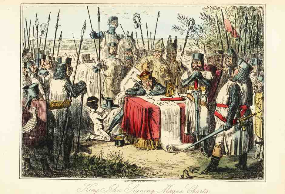 Re Giovanni circondato da baroni e vescovi firma la Magna Carta a Runnymede, 1215 (Foto Florilegius/Universal Images Group via Getty Images)&nbsp;<br />