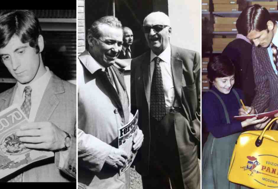 Dall&rsquo;album dei ricordi della Panini: Gianni Rivera con l&rsquo;album Mexico &lsquo;70, Giuseppe con Enzo Ferrari e Facchetti in visita alla fabbrica di Modena