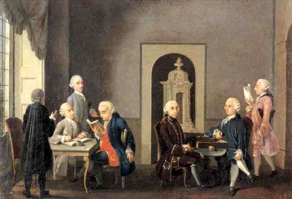 Antonio Perego, L'Accademia dei Pugni. Da sinistra: Alfonso Longo, Alessandro Verri, Giambattista Biffi, Cesare Beccaria, Luigi Stefano Lambertenghi, Pietro Verri, Giuseppe Visconti di Saliceto<br />