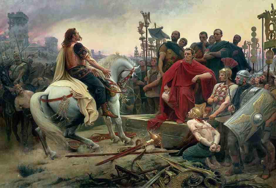 Vercingetorix jette ses armes aux pieds de Jules C&eacute;sar, Lionel Royer, 1899, olio su tela, Mus&eacute;e Crozatier, Puy-en-Velay, Auvergne&nbsp;<br />