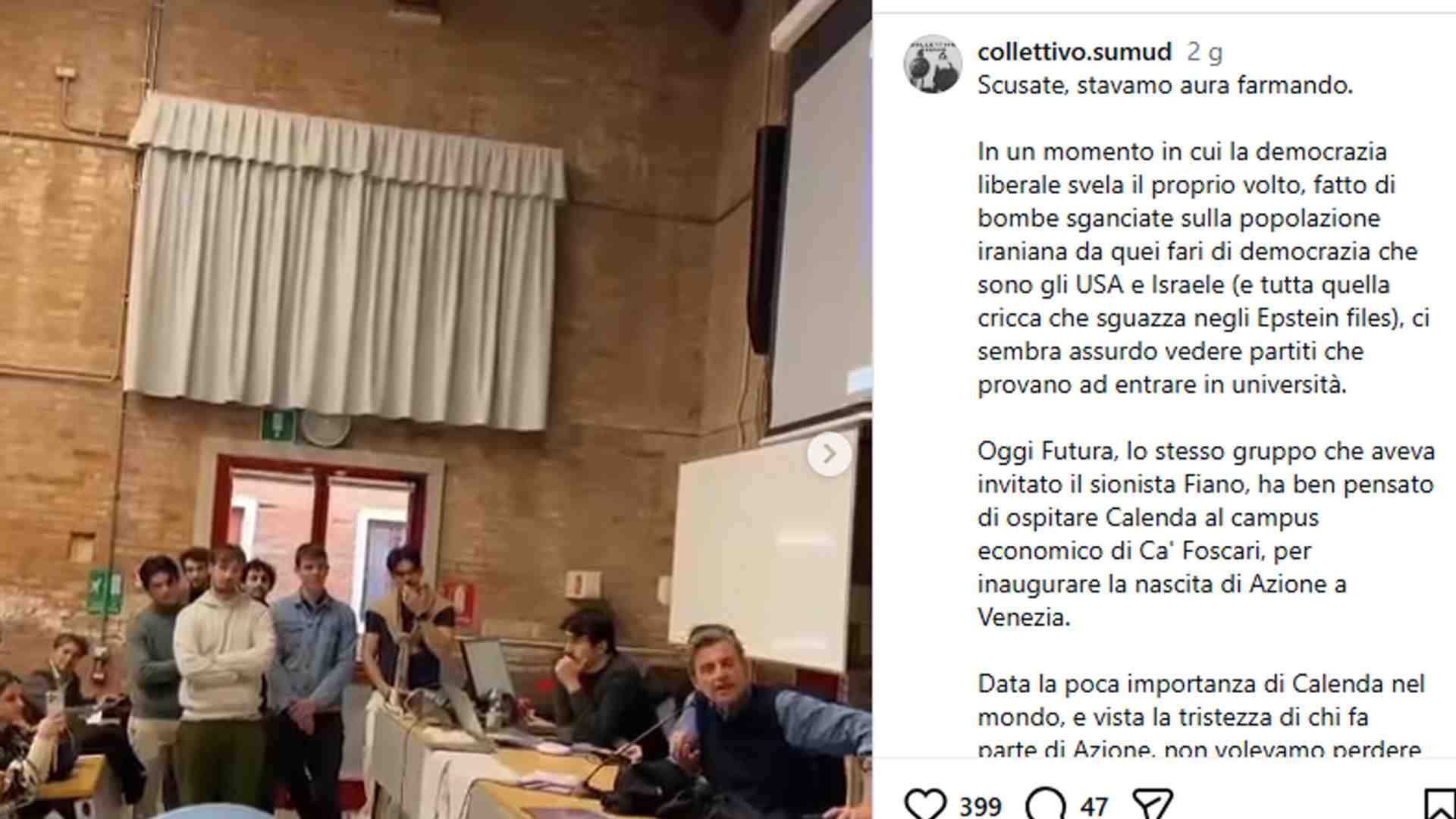 Immagine di Calenda come Fiano: alla Ca' Foscari riappare il gesto della P38. "So ragazzi", dice il senatore